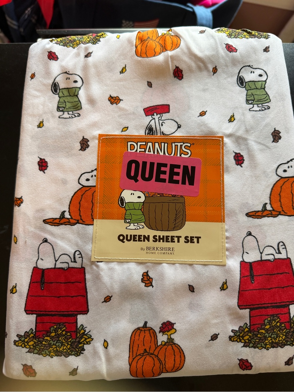 New Peanuts Snoopy Queen Sheet Set 4-Piece Sheets Fall Autumn Puffer Jacket Leaf